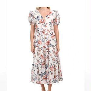 Lucky Brand Puff Sleeve V-Neck Tiered Floral Tie Back White Maxi Dress, size M